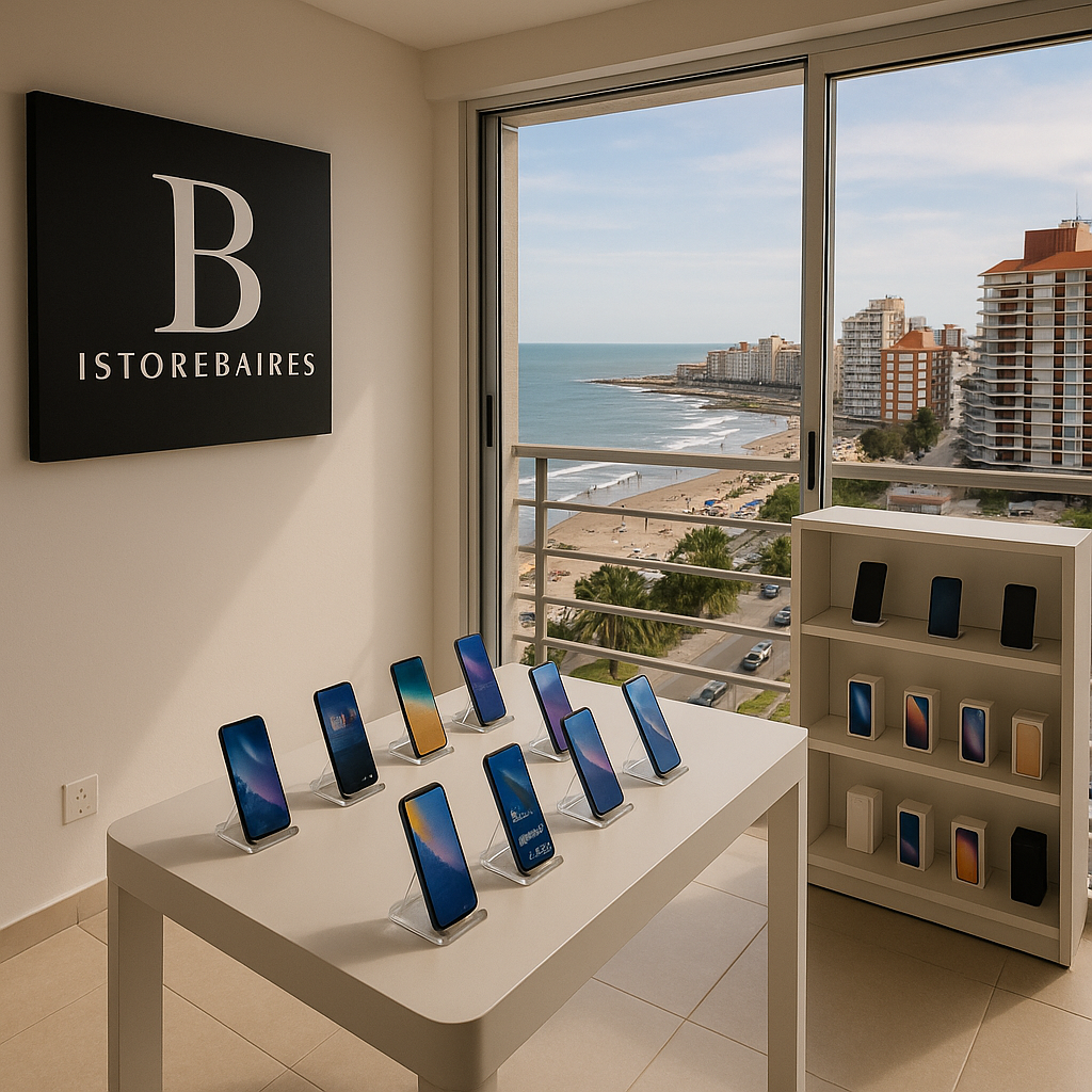 Interior de la tienda iStoreBaires con vista al mar y dispositivos en exhibición
